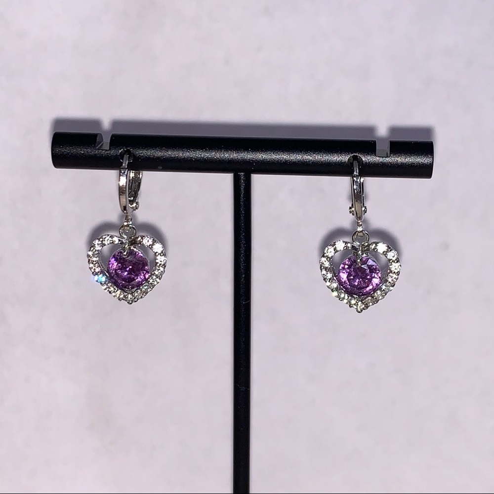 Silver Heart Purple Cubic Zirconia Hoop Earrings Huggies